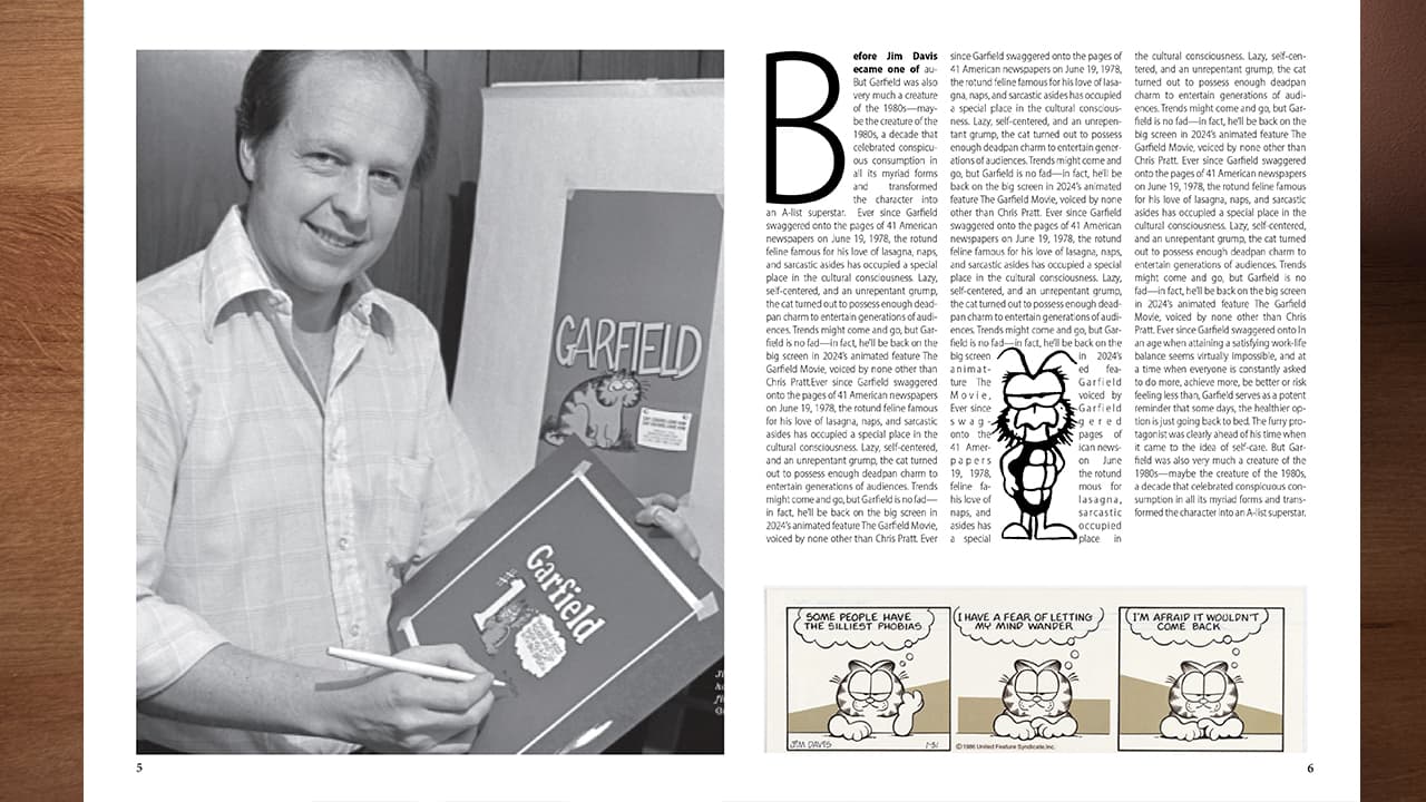 Interview spread with layered illustrations