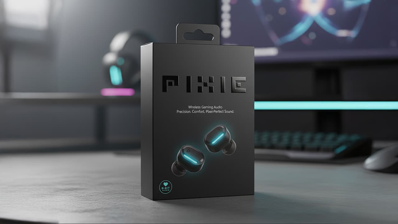 Pixie typeface in use on earbuds packaging