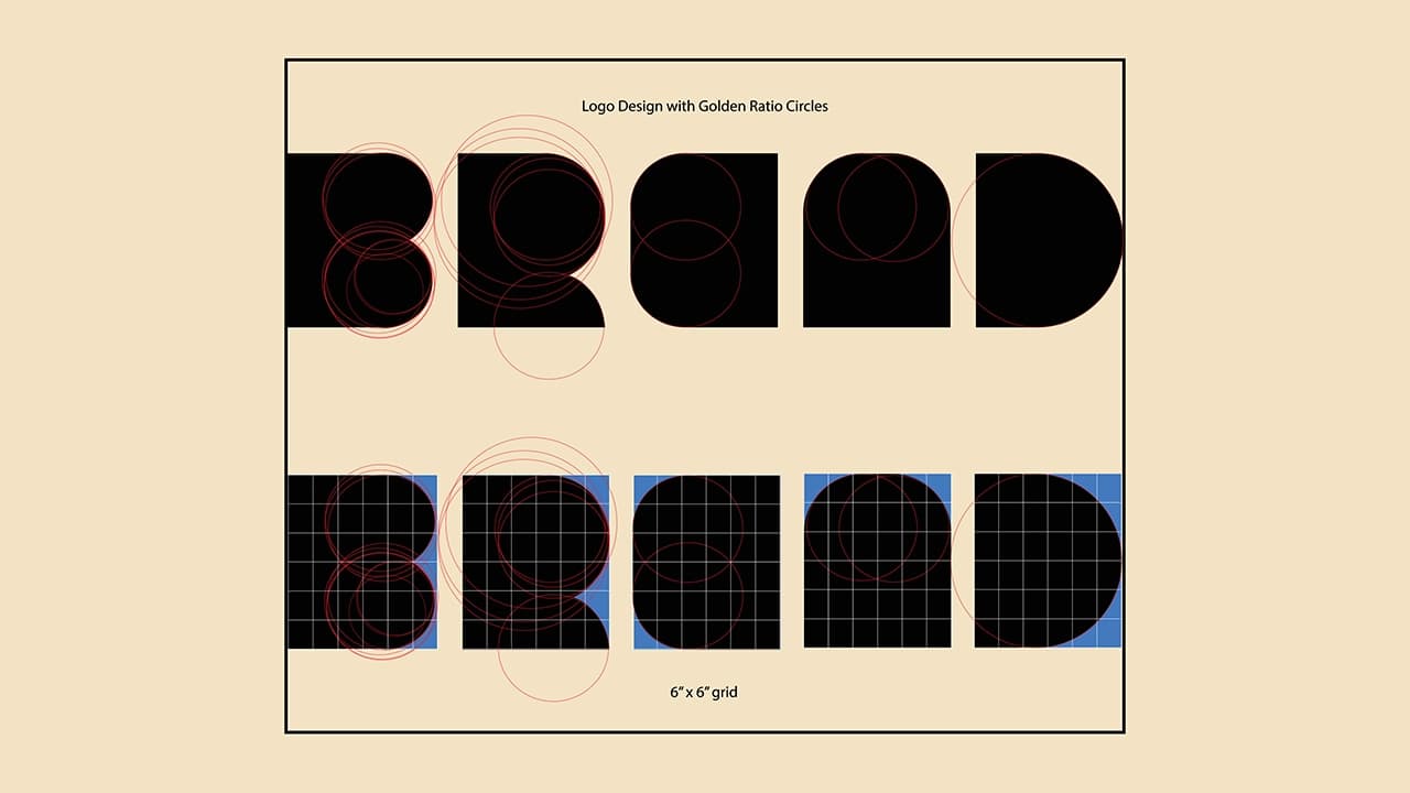 Logo designs with golden ratio grid overlay