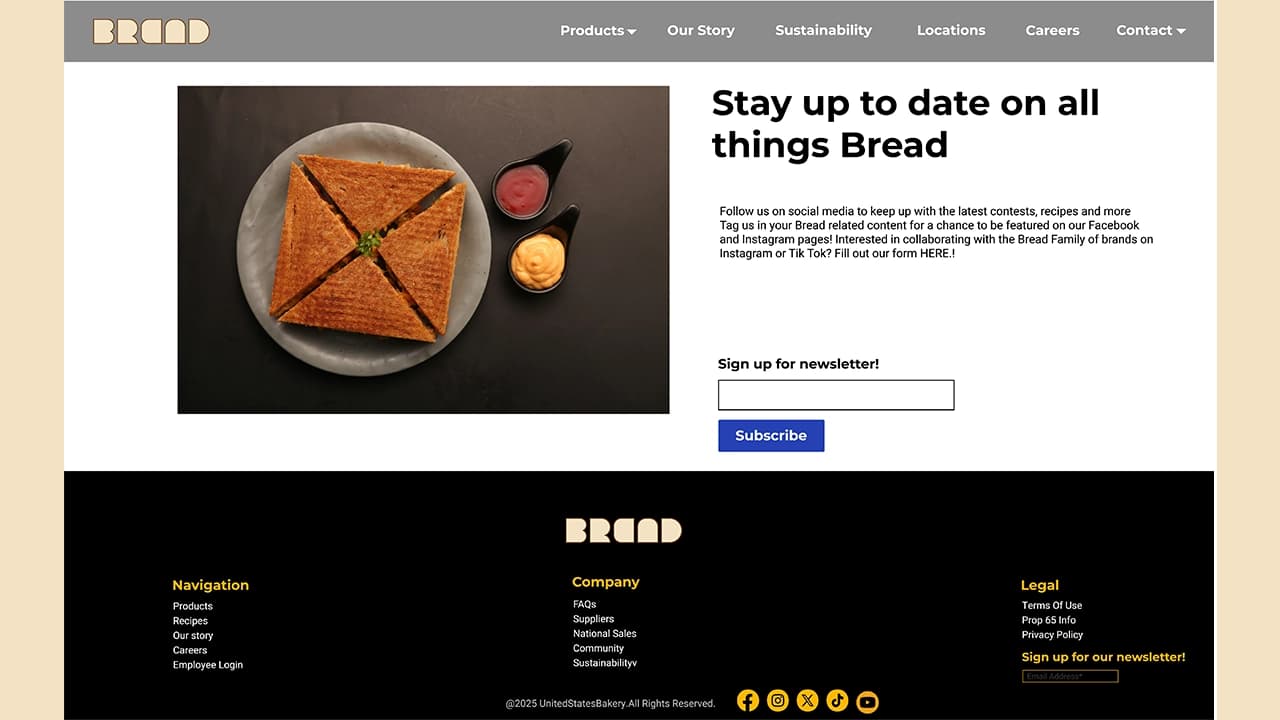 Newsletter signup section and footer of the website