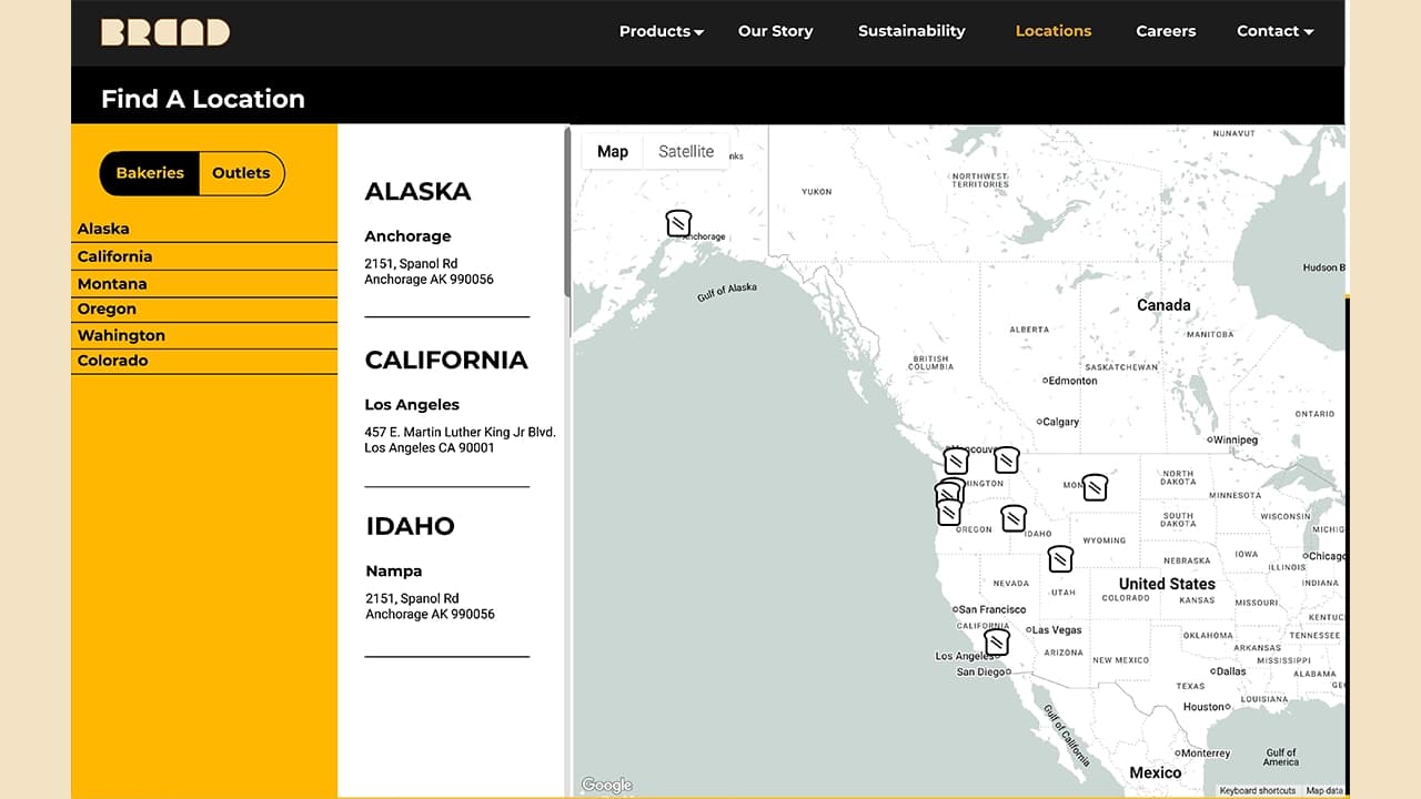 Layout of the "Locations" page showing bakery outlets