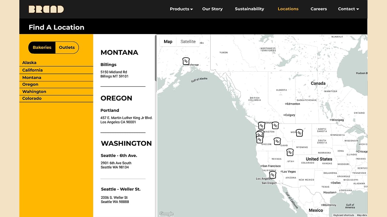 Layout of the "Locations" page showing bakery outlets