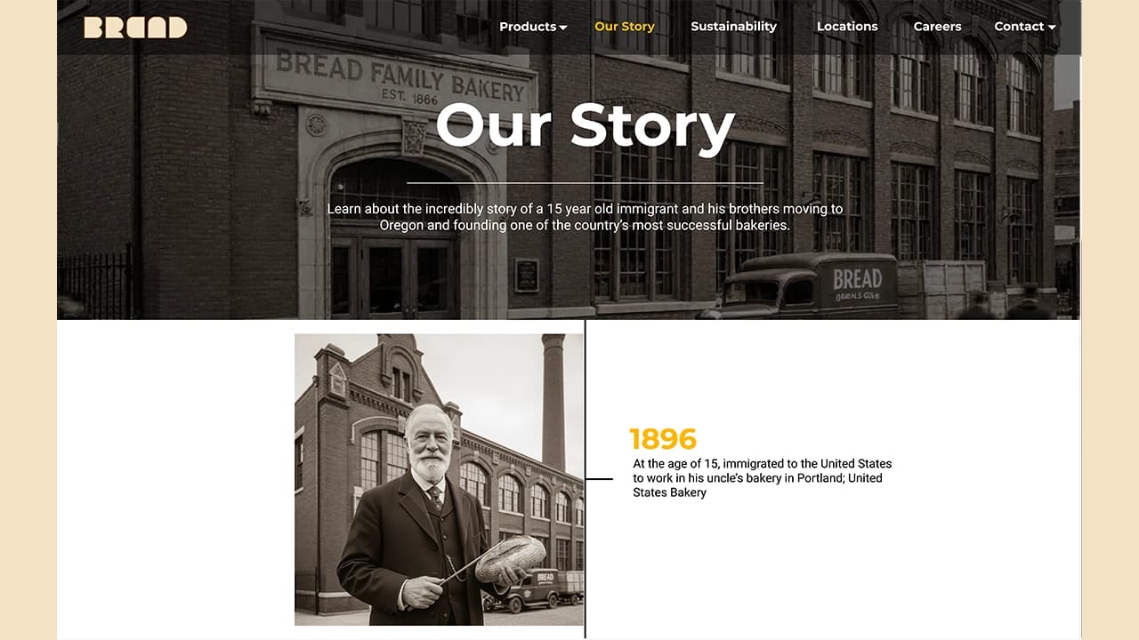 Founder story section with vintage imagery in vertical timeline