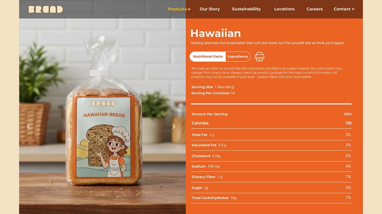 Nutritional information section on the product details page