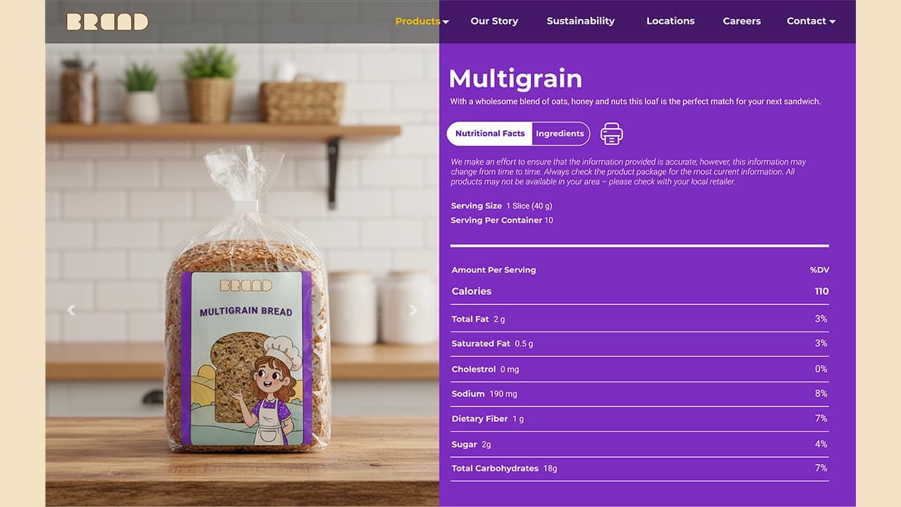 Nutritional information section on the product details page