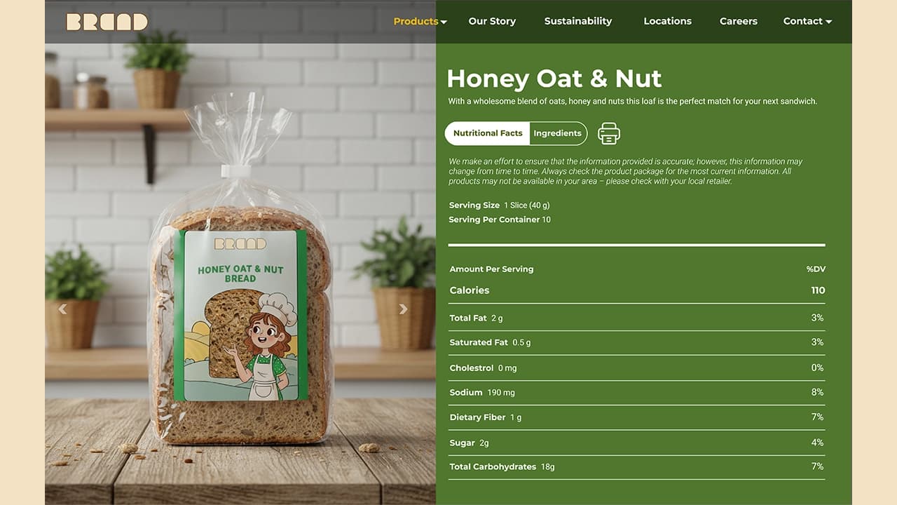 Nutritional information section on the product details page